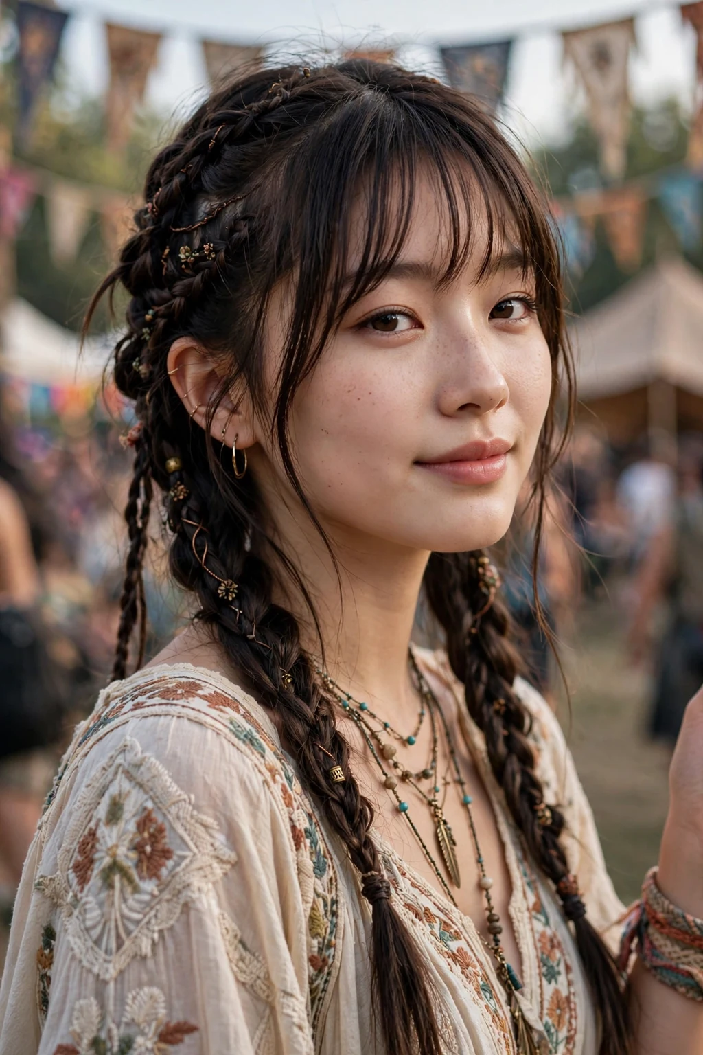 Beautiful woman with curtain bangs and braids, boho braids with bangs, whimsical light.