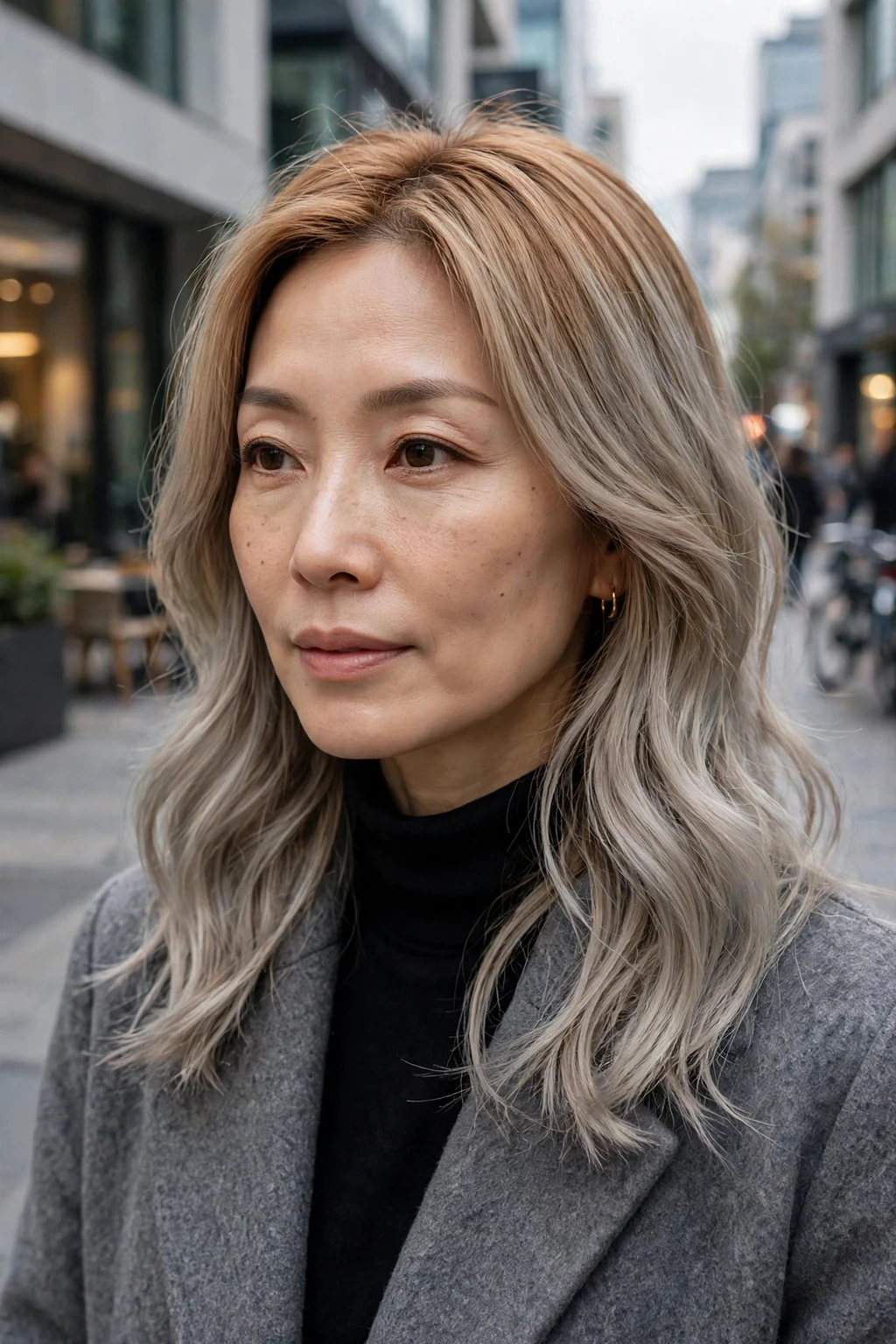 Beautiful woman with brassy to ash blonde transformation, warm brassy to cool ash, cool light.