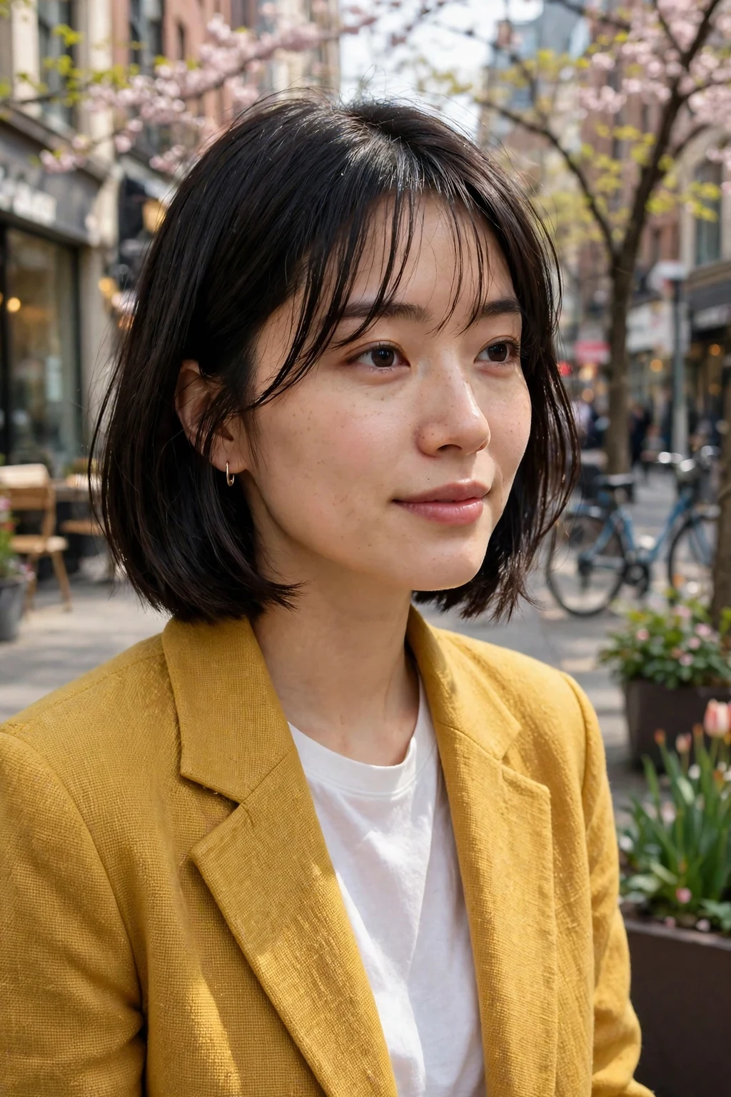 Young woman with a breezy curtain bangs bob, on a city street wearing a mustard yellow blazer.