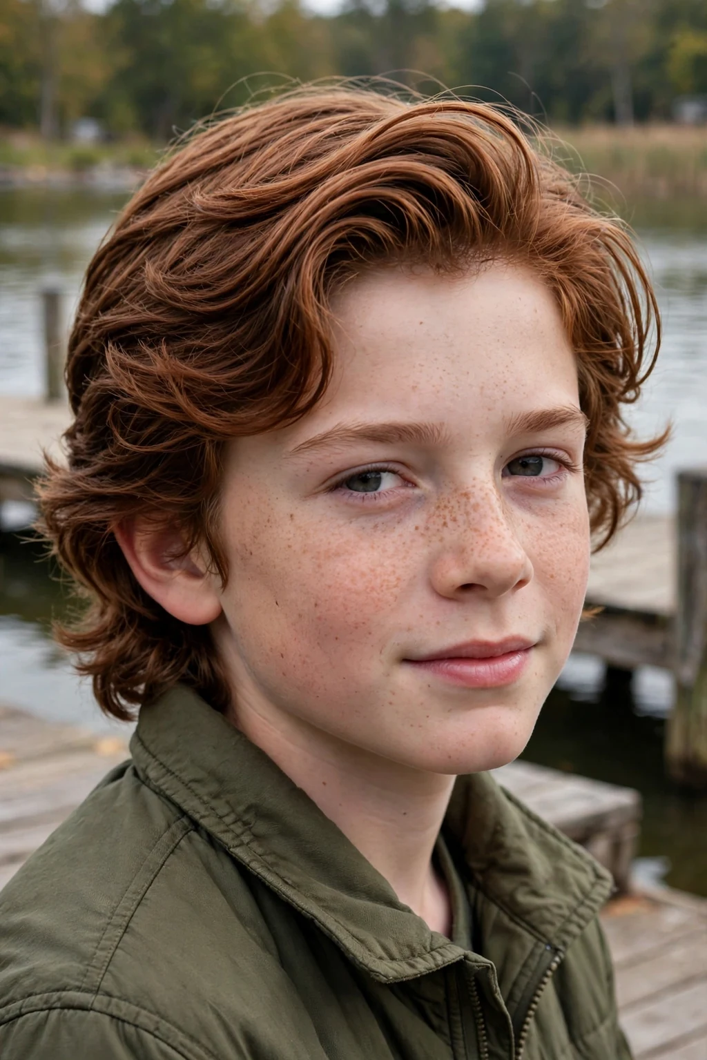 An older boy with a bro flow haircut, medium-length wavy hair swept back naturally, at a lakeside dock wearing an olive jacket.