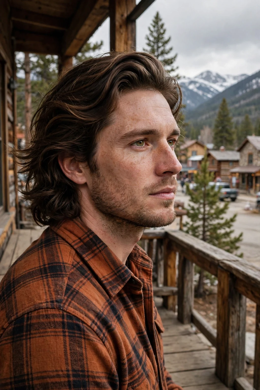 Young man with a bro flow for thick hair, wearing a rust-colored flannel shirt outdoors.