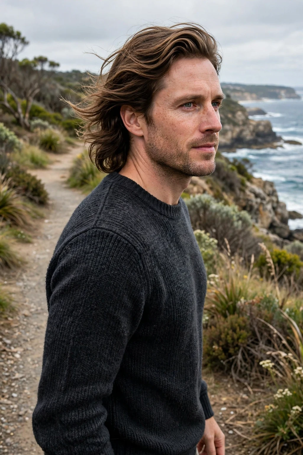 Man in his mid 30s with a bro flow haircut, wearing a charcoal knit sweater on a coastal path.