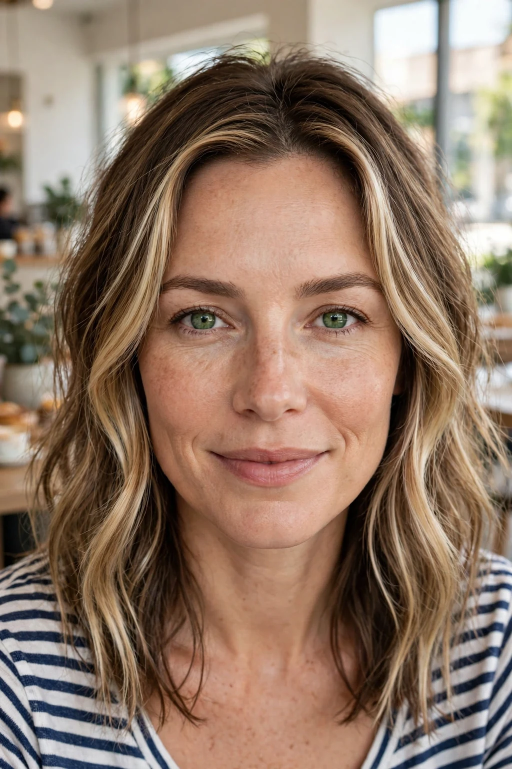 Beautiful woman with bronde money piece, face-framing bronde highlights, flattering light.