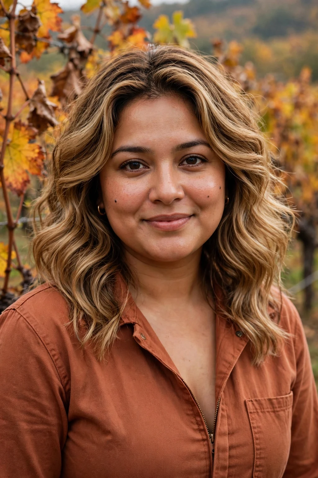 Young woman with bronzed blonde waves hair, wearing a terracotta jumpsuit at a vineyard.