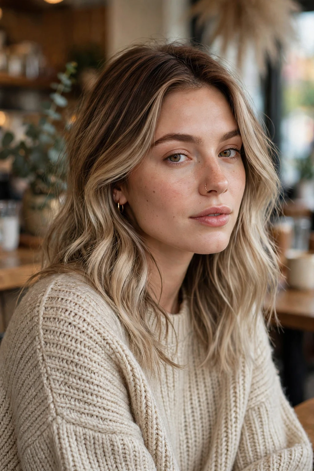 Beautiful woman with brown to mushroom blonde transformation, warm brown to mushroom, trendy light.