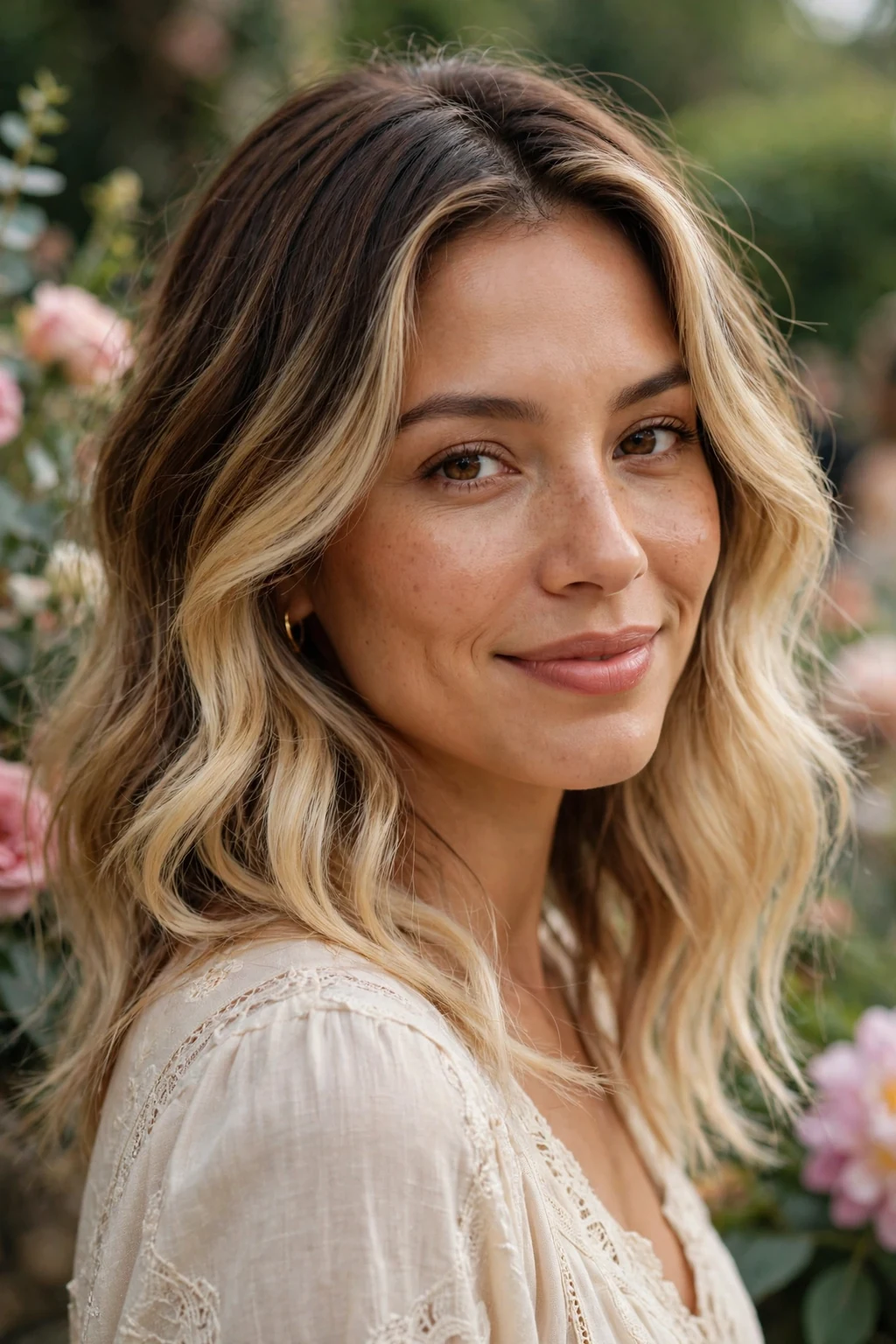 Beautiful woman with brown to vanilla blonde transformation, deep brown to vanilla, soft light.