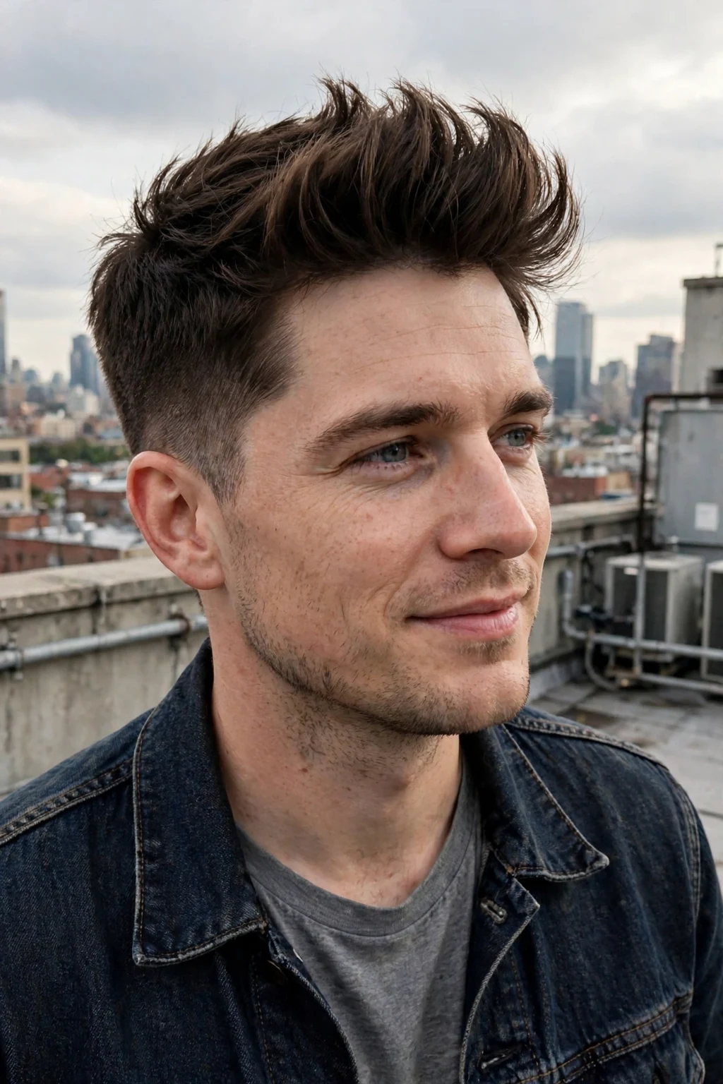 Young man with a brush up style for thick hair, wearing a denim jacket on a city rooftop.