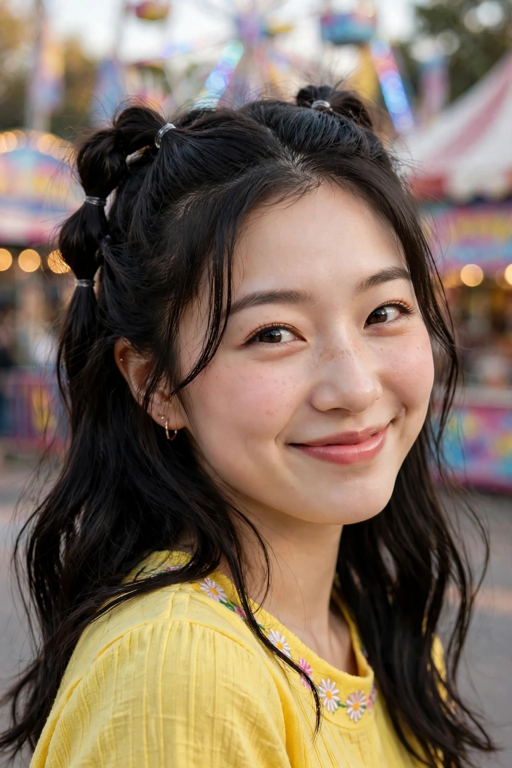 Beautiful woman with half-up with bubble braid, playful bubble braid half-up, fun light.
