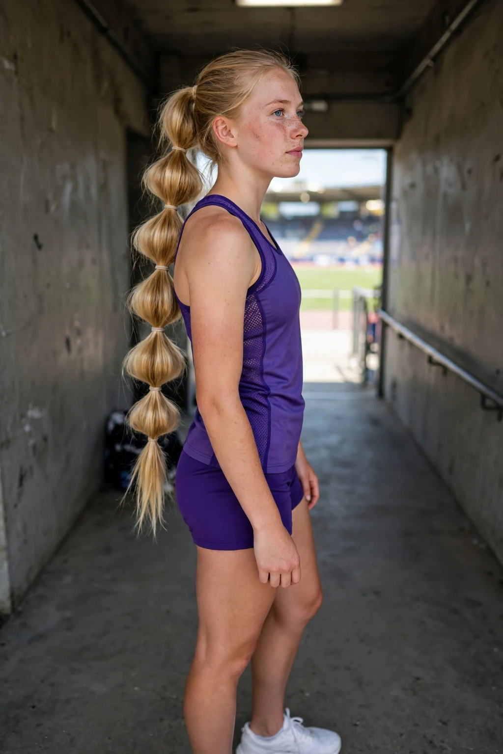A young woman athlete with a bubble braid ponytail at a stadium.
