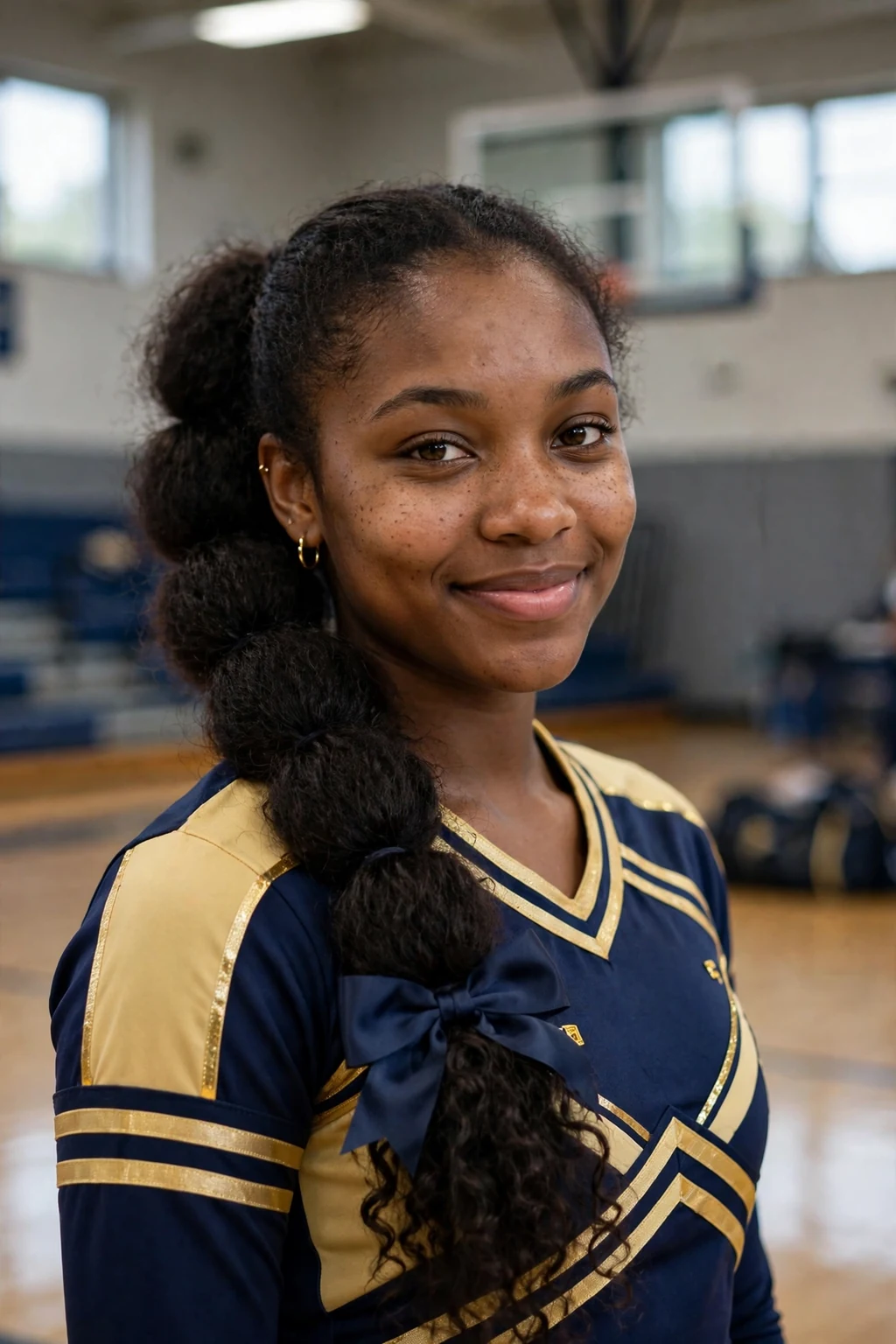 Young cheerleader with a bubble braid ponytail and a navy bow, posing in a school gymnasium.