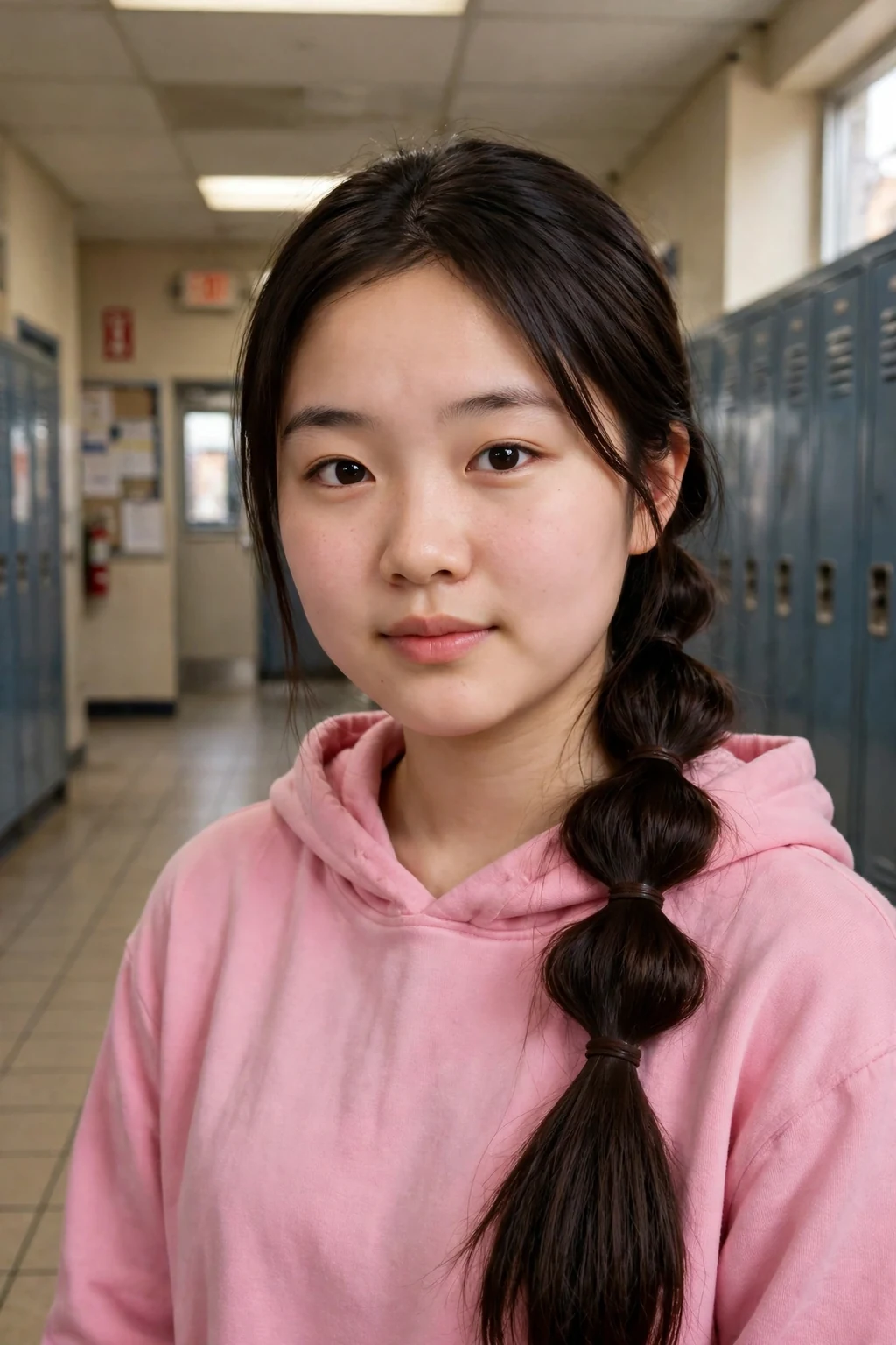 A young woman with a playful bubble braid ponytail, wearing a pink hoodie in a school hallway.