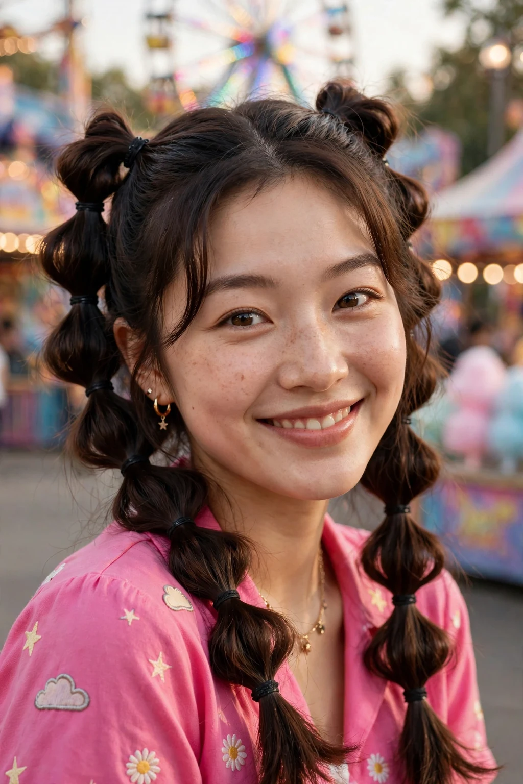 Beautiful woman with bubble braid, playful bubble braid, fun light.
