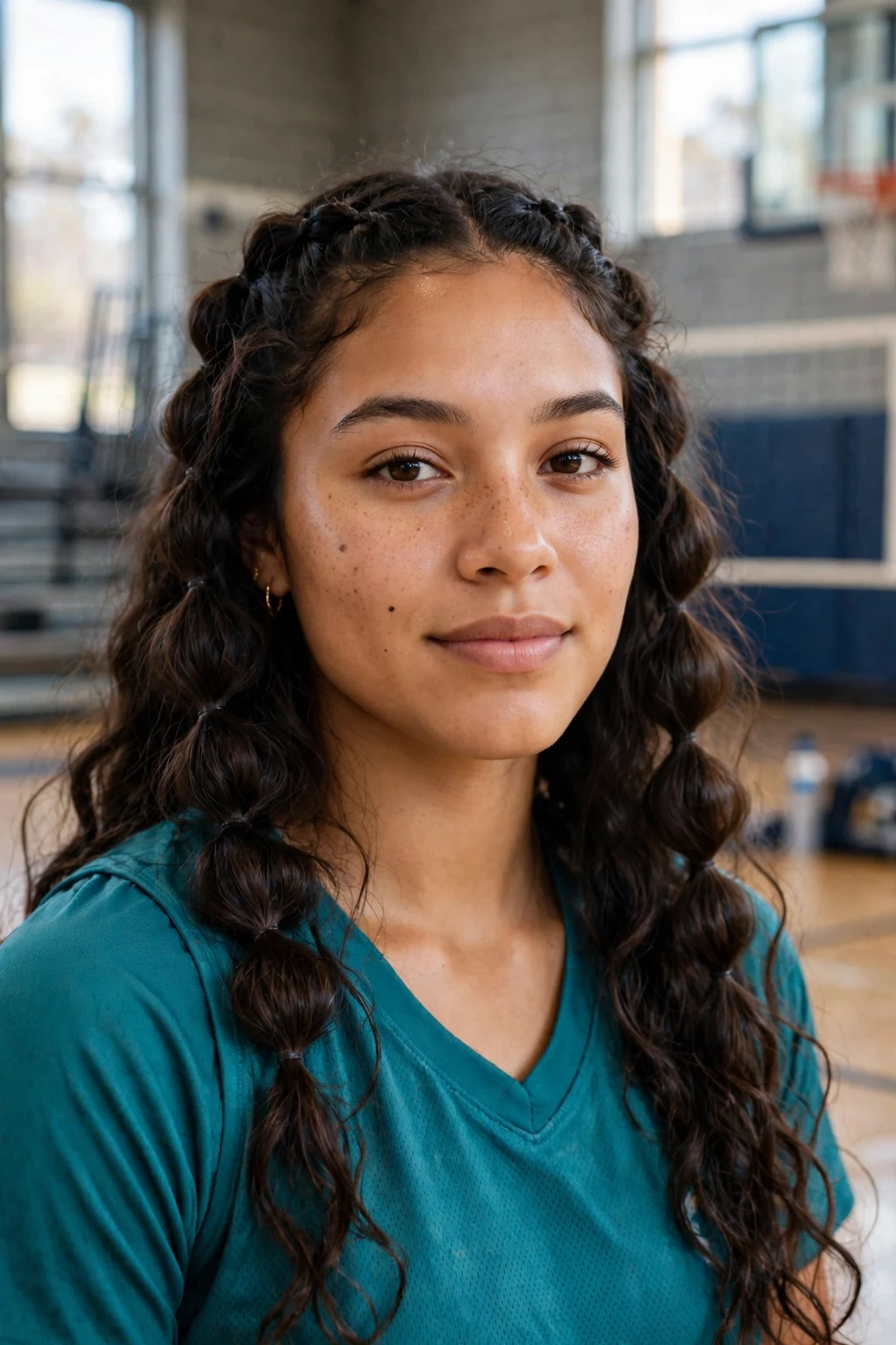 Young woman athlete with playful bubble braids in a gym, wearing a teal jersey.