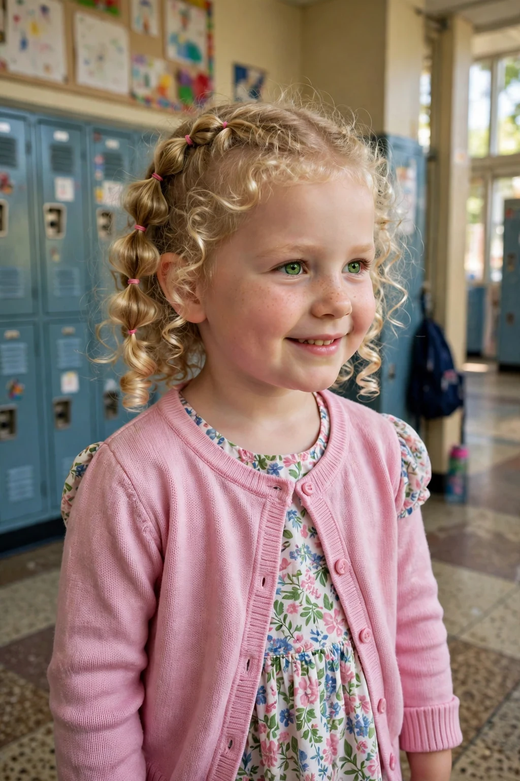 A playful schoolgirl with bubble braids and a pink cardigan in a school hallway.