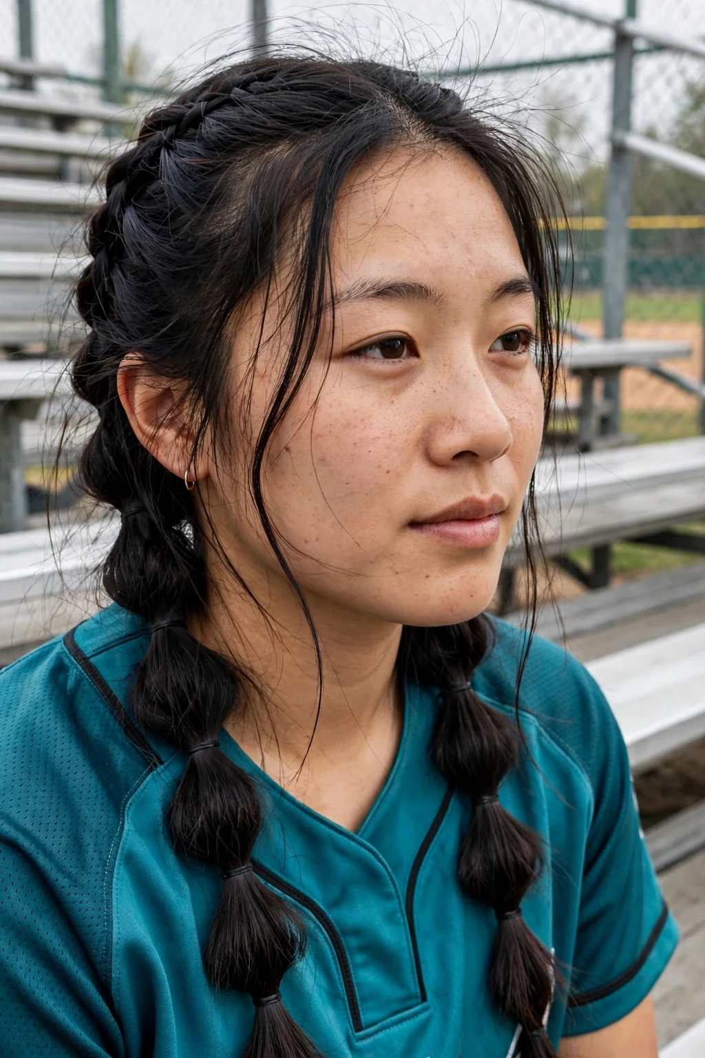 Young softball player with playful bubble braids, laughing near the bleachers.