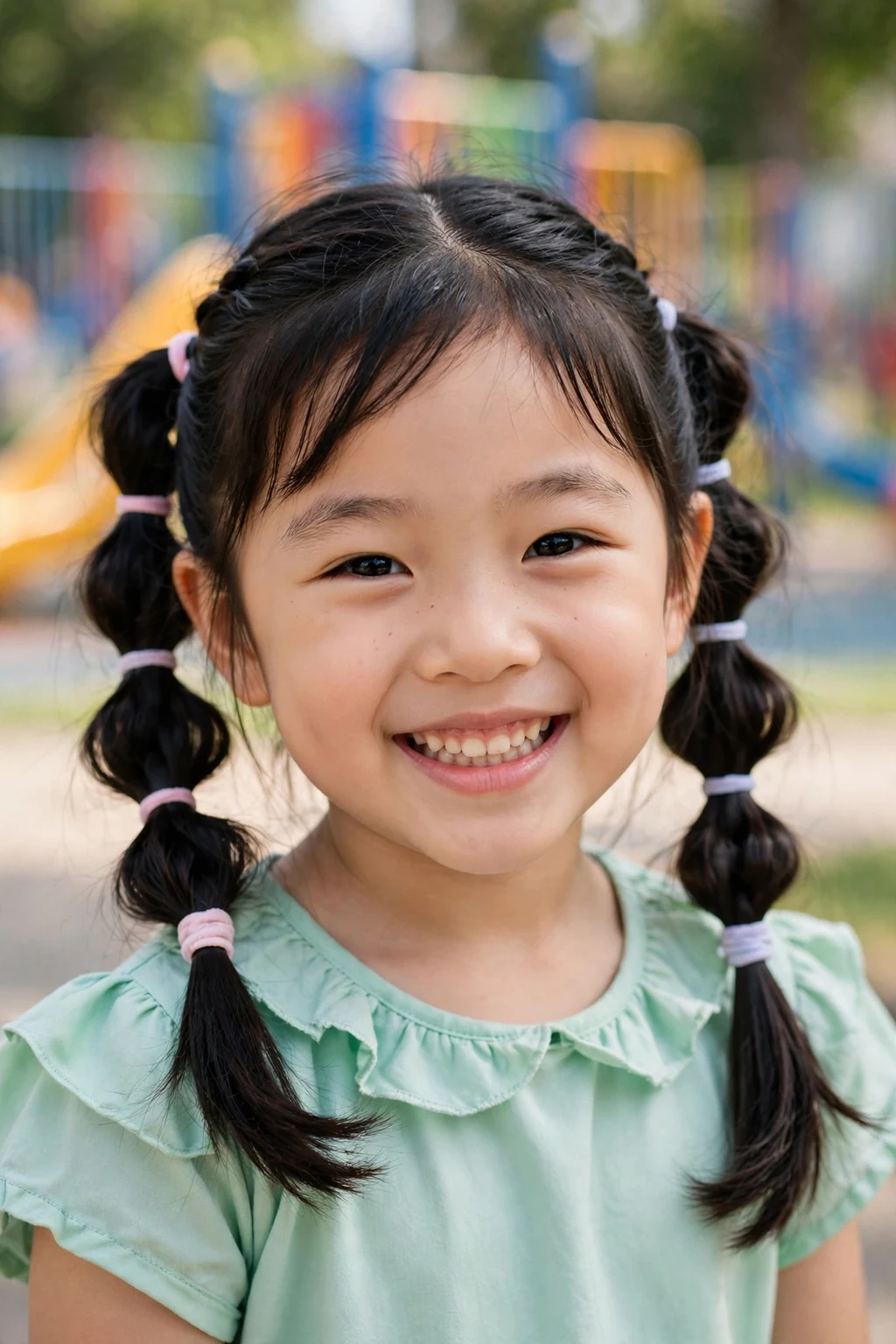 A young girl with playful bubble braids and colorful elastics smiling for her school picture.
