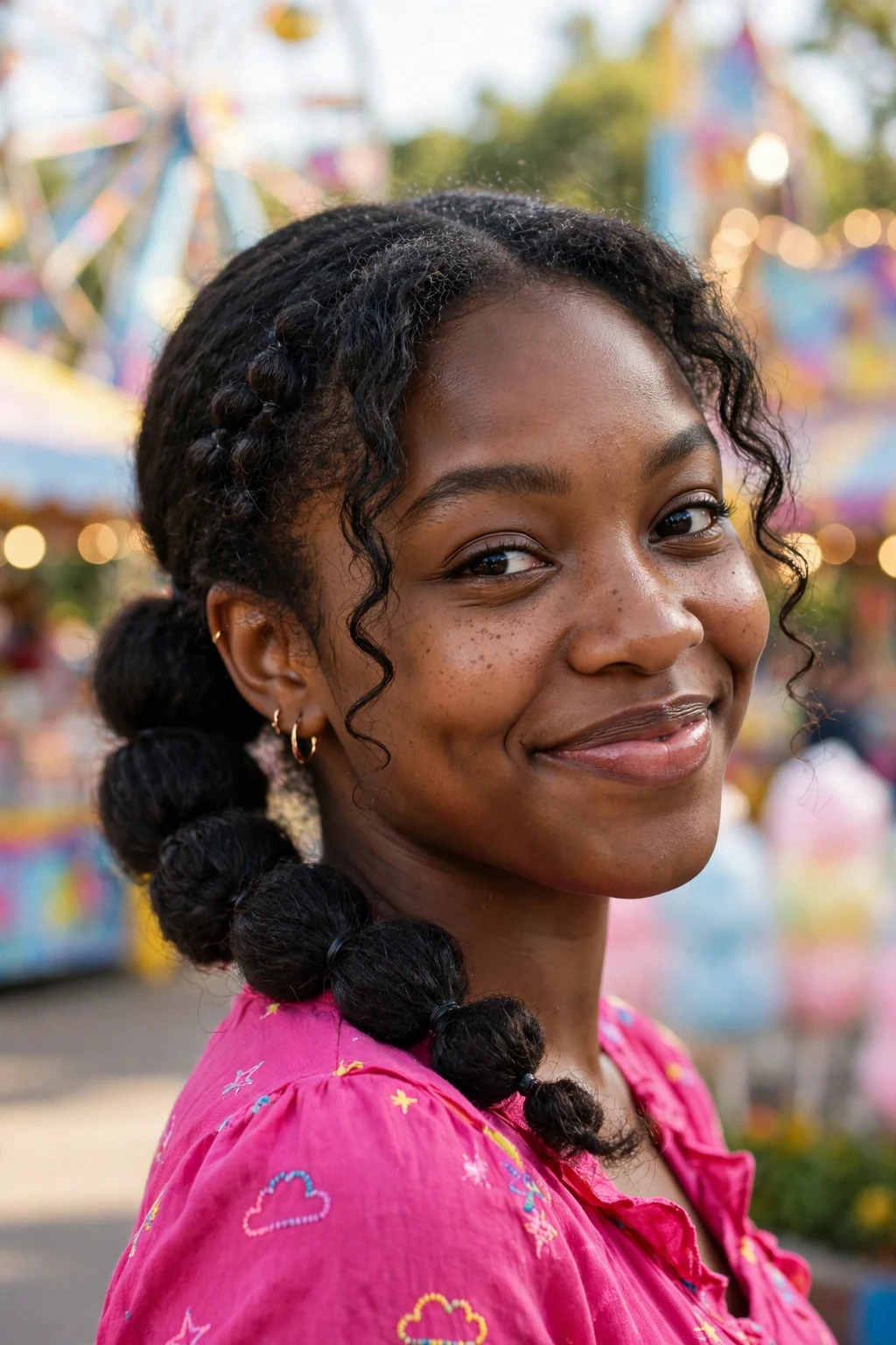 Beautiful woman with low pony with bubble, playful bubble low pony, fun light.