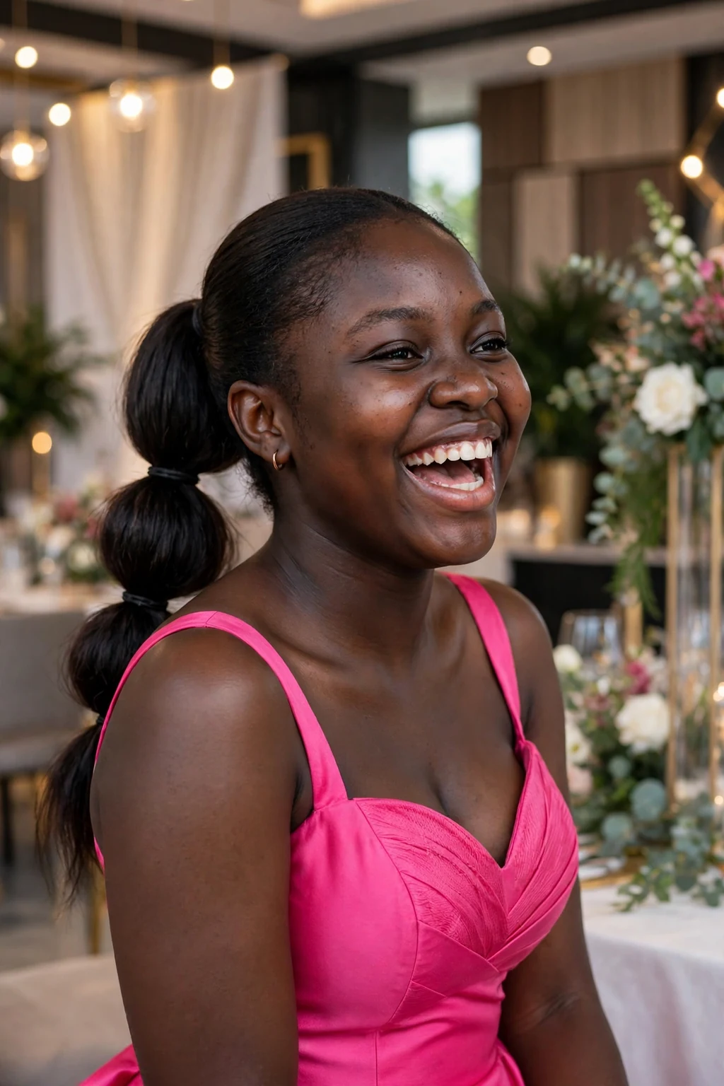 Young woman aged 19 with bubble ponytail prom hairstyle for medium length hair, elegant formal look.