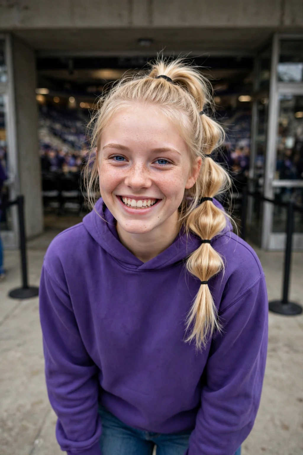 Young woman at a basketball arena in a team hoodie with a playful bubble ponytail.