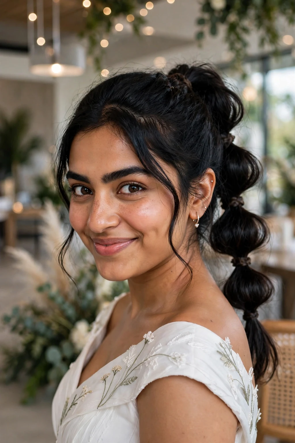 Beautiful bride with bubble ponytail, playful bubble ponytail, fun light.