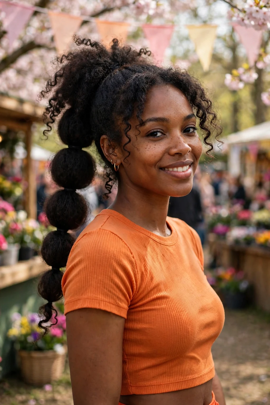 Young woman with a bubble ponytail and playful sections, at a spring festival wearing an orange crop top.