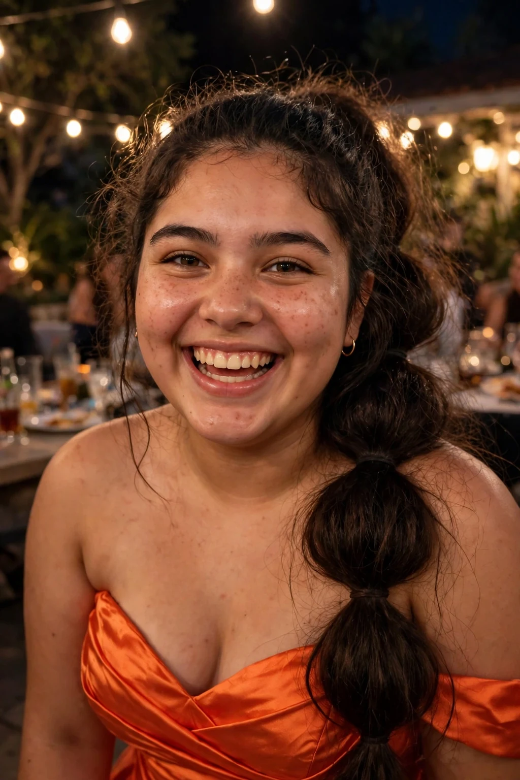 A young woman with long hair in a voluminous bubble ponytail.