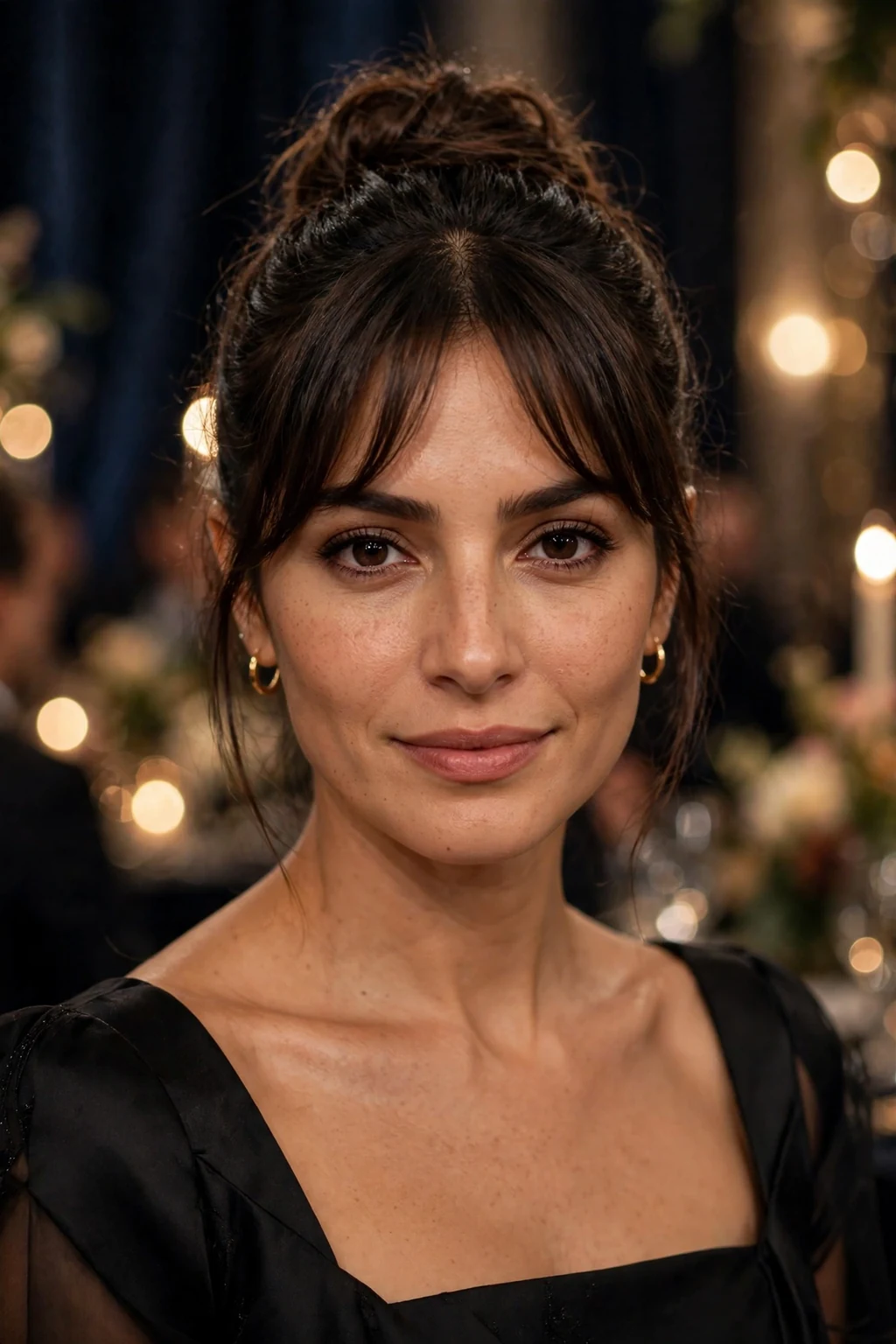 Beautiful woman with curtain bangs and bun, chic bun with bangs, elegant light.