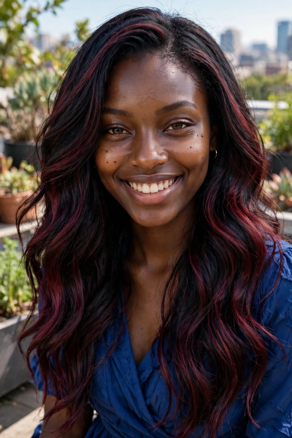 Young Black woman in her mid-20s with burgundy balayage painted over natural black hair with loose waves, in a rooftop garden wearing a cobalt blue dress.