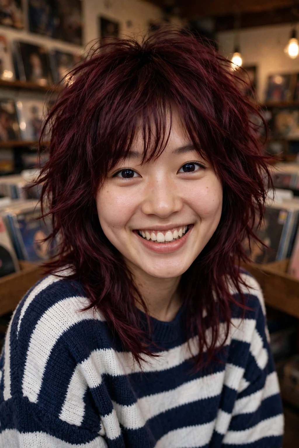 Young East Asian woman in her early 20s with a burgundy shag haircut and curtain bangs in deep wine tones, in a record store wearing a striped sweater.