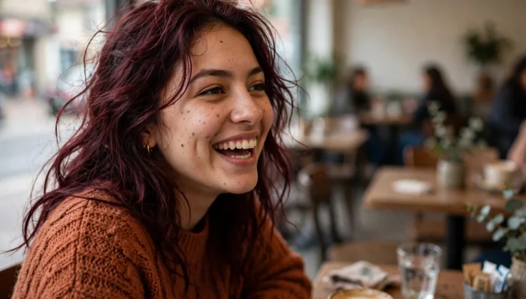 Young Latina woman in her mid-20s with rich burgundy wine-colored hair in soft waves, photographed candidly laughing in a neighborhood cafe wearing a terracotta knit sweater.