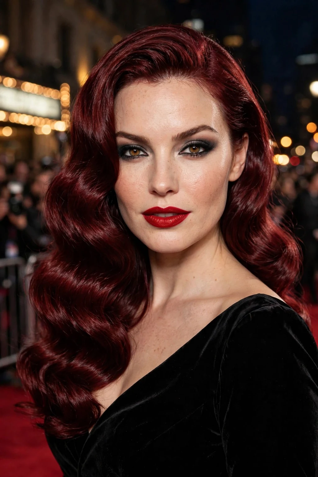 Young Caucasian woman in her late 20s with glamorous burgundy Hollywood waves in rich wine red, on a theater red carpet wearing a black velvet gown.