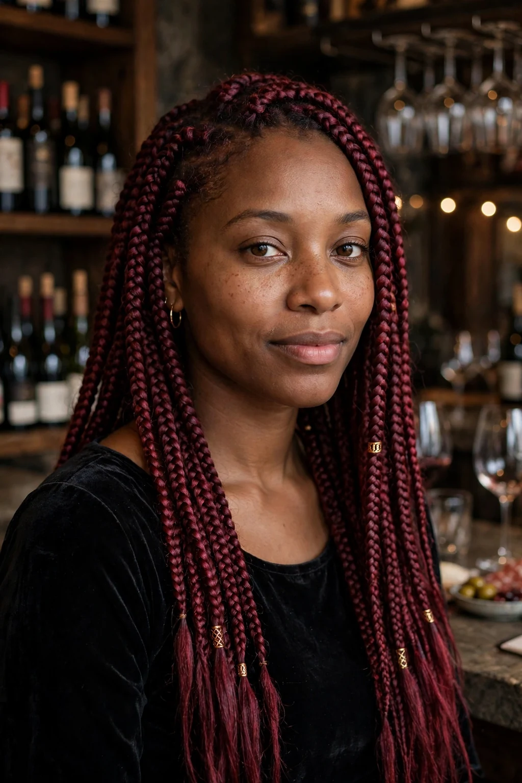 Young woman with rich burgundy knotless braids, in a wine bar wearing a black velvet top.