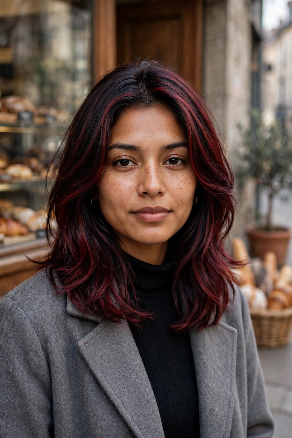Young woman with a burgundy layered mid-length cut, standing outside a bakery wearing a grey coat.