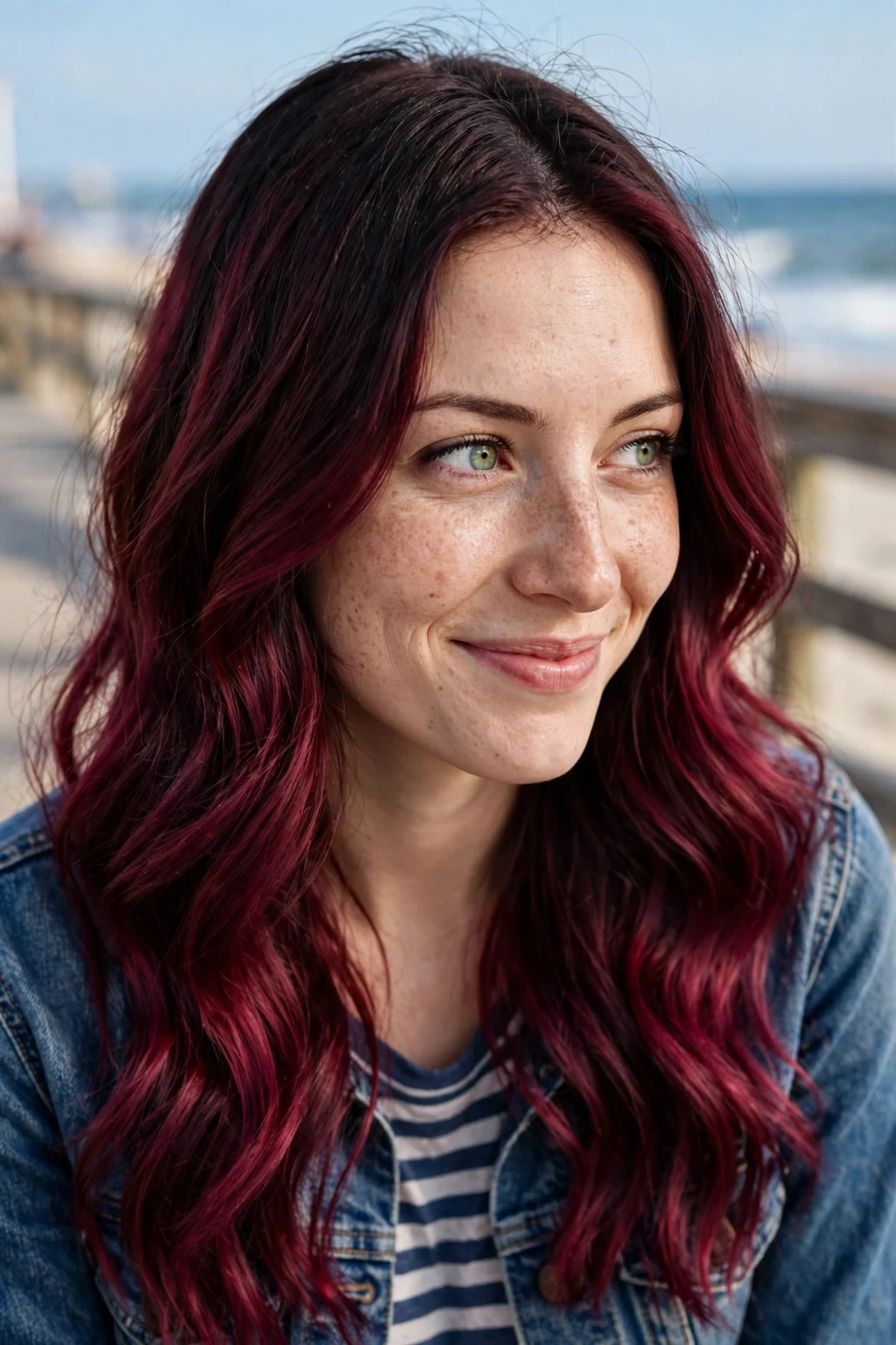 Young Caucasian woman in her early 20s with a burgundy ombre melt from dark roots to wine-red ends, on a beach boardwalk wearing a denim jacket.