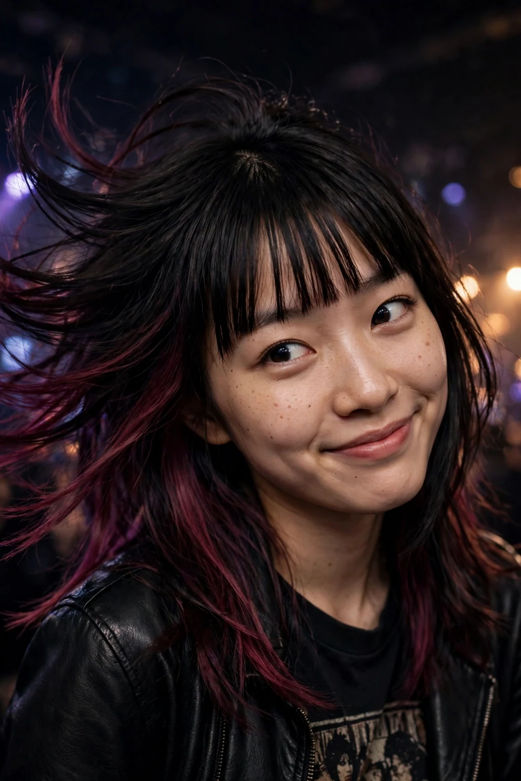 Young East Asian woman in her early 20s with dark hair revealing burgundy peekaboo highlights underneath, at a concert venue wearing a black leather jacket.