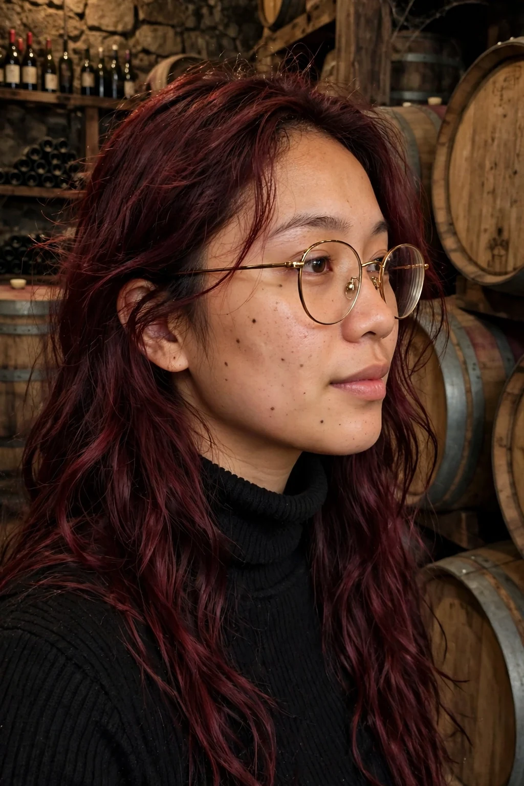 Young woman with burgundy wine witch waves in a wine cellar wearing a black turtleneck.