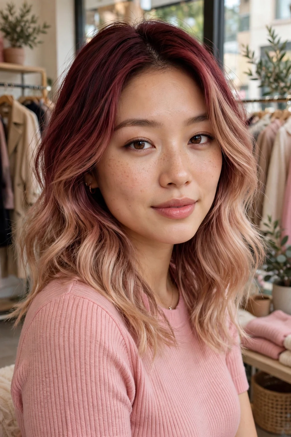 Beautiful woman with burgundy to rose blonde transformation, deep burgundy to rose, trendy light.