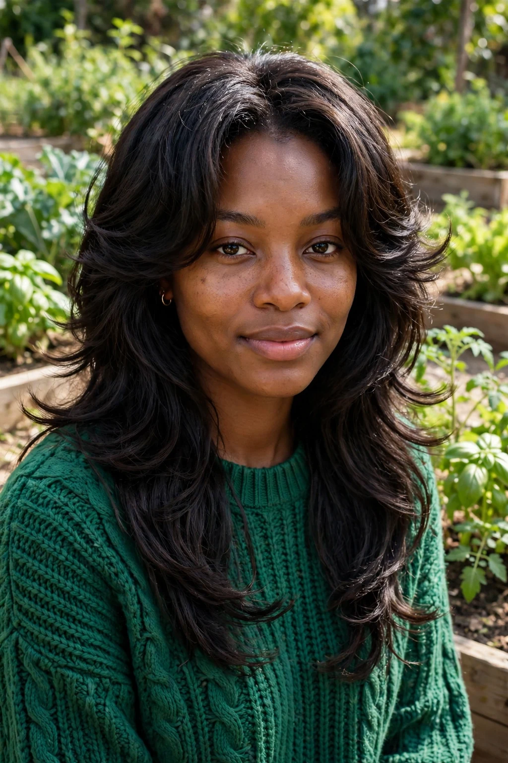 Young woman with a butterfly haircut, her long hair falling in bouncy feathered layers in a sunlit garden.