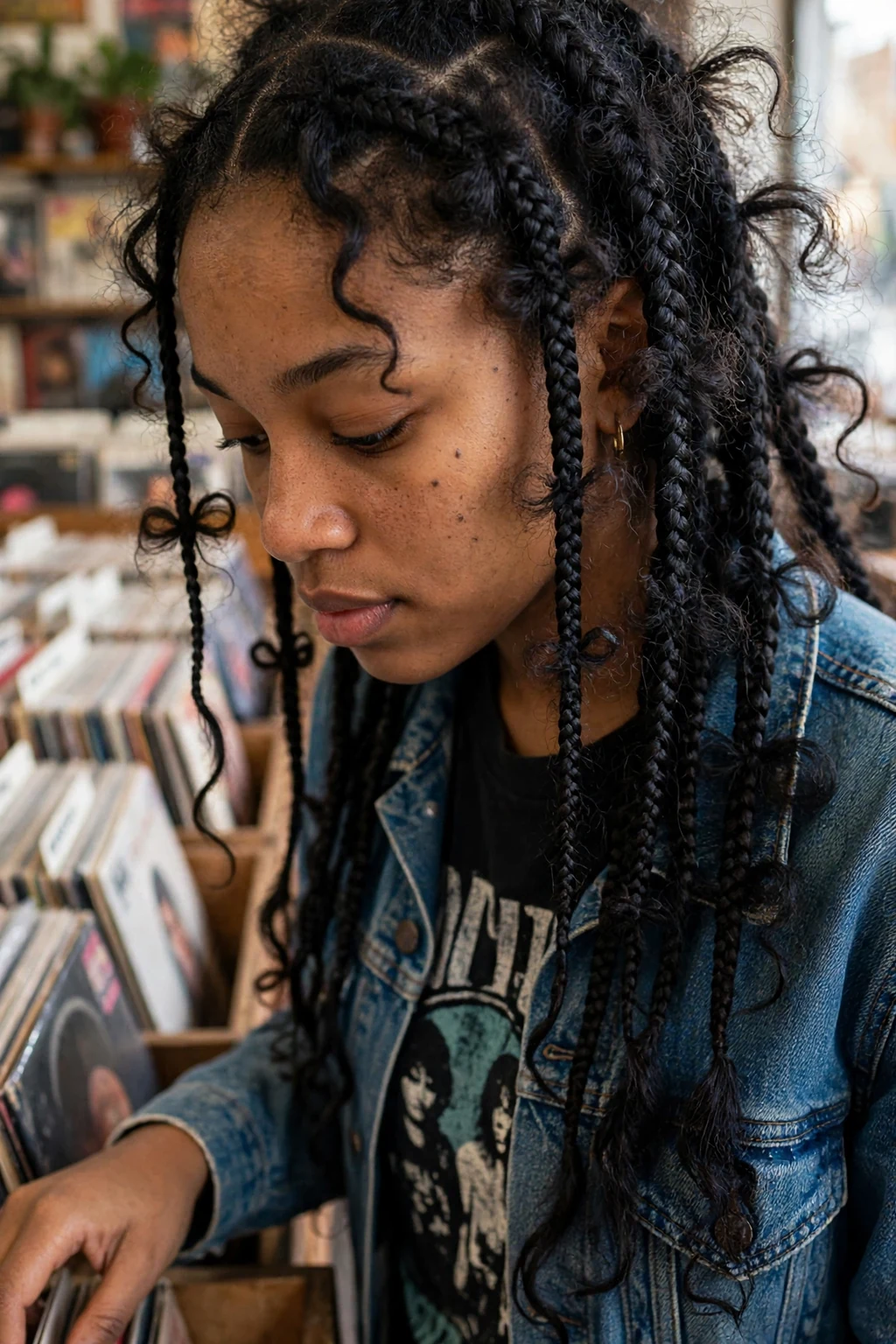 Young Black woman with distressed butterfly knotless braids with wispy loops, photographed in a vintage record store wearing a denim jacket and band tee.