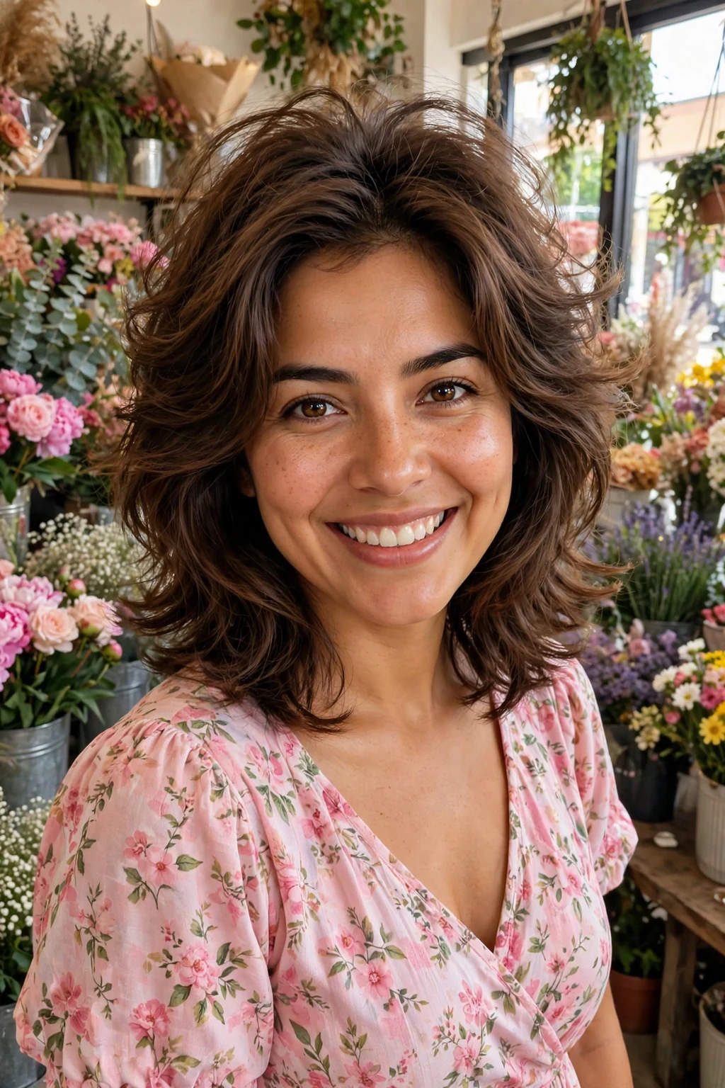 Young woman with butterfly medium layers, standing in a flower shop wearing a pink floral dress.