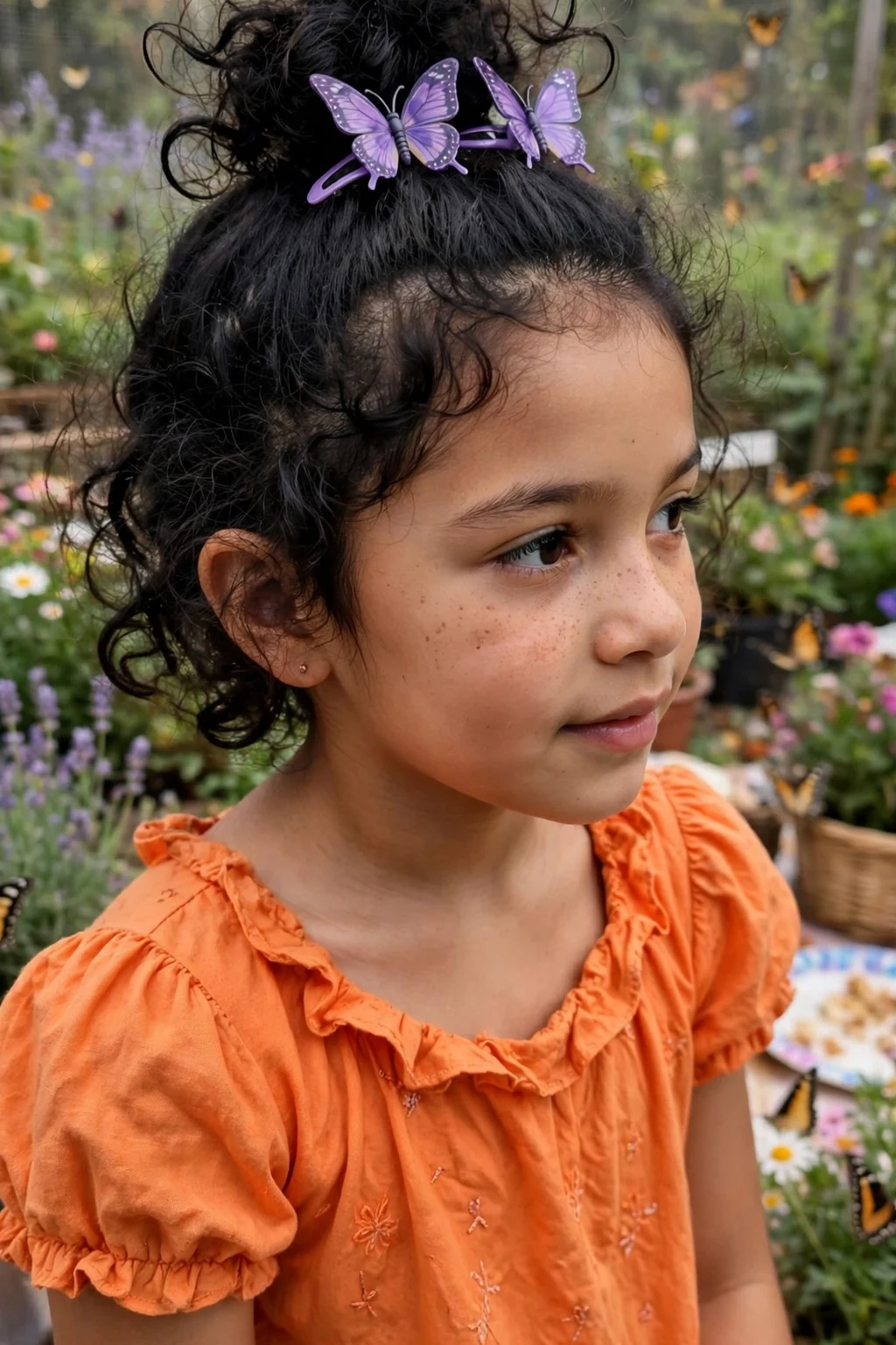 A young girl with a high topknot and butterfly clips in a butterfly garden party.