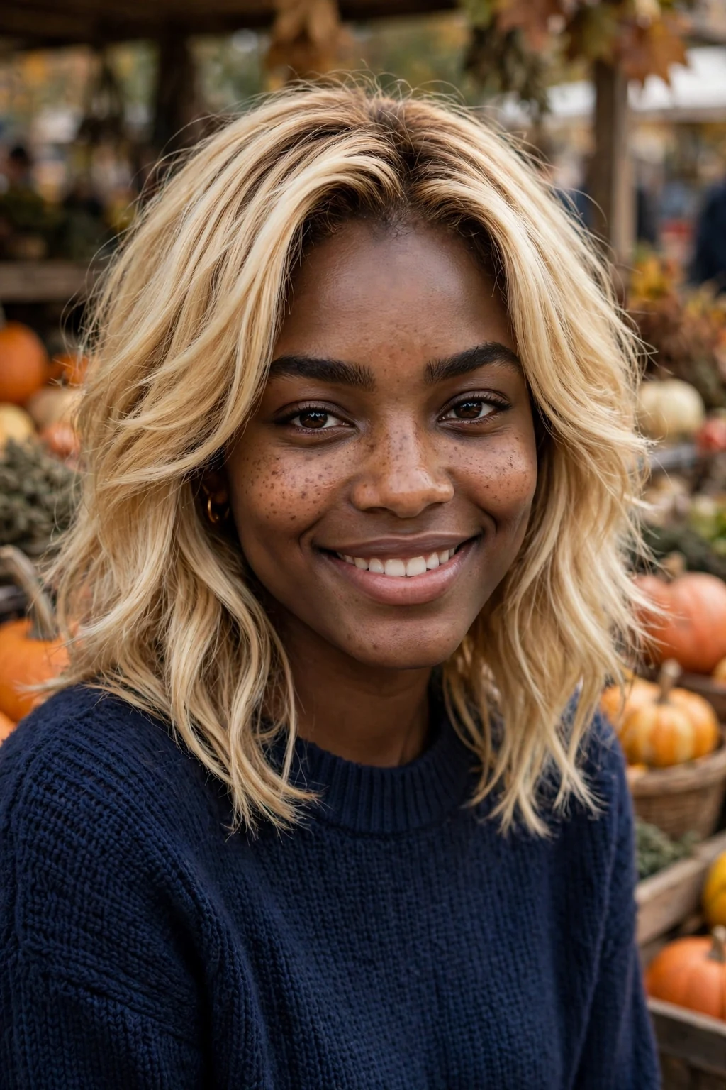 Young woman with buttery blonde layered hair, wearing a navy sweater dress in a farmers market.