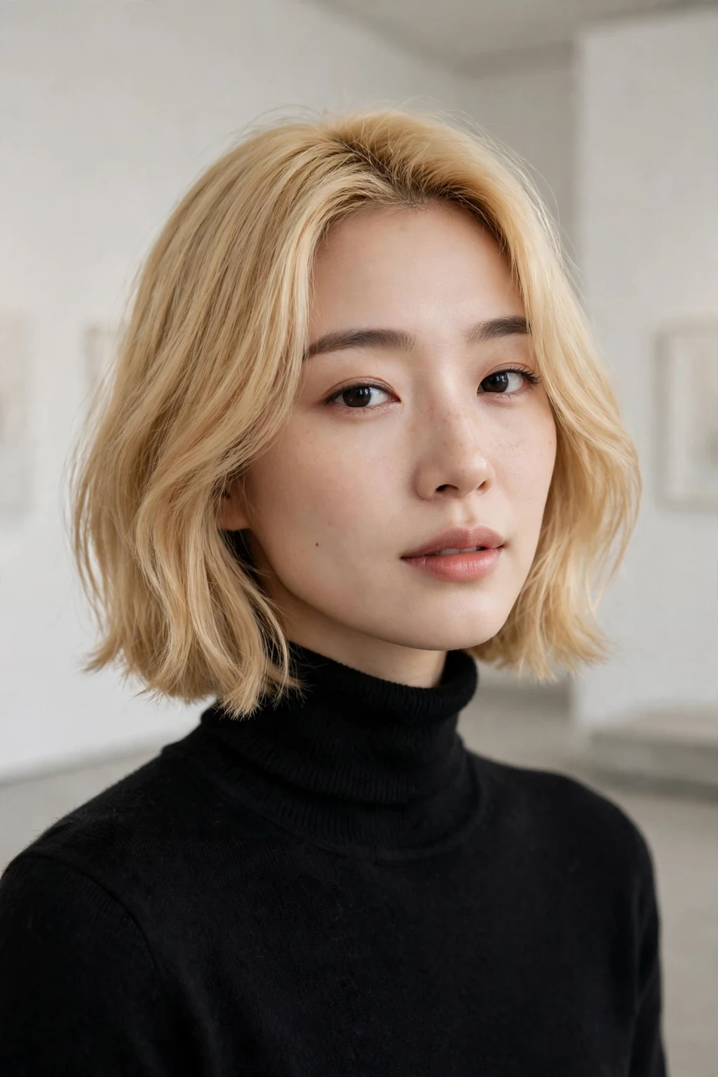 Beautiful woman with buttery blonde lob hair color, soft warm golden bob, chic light.