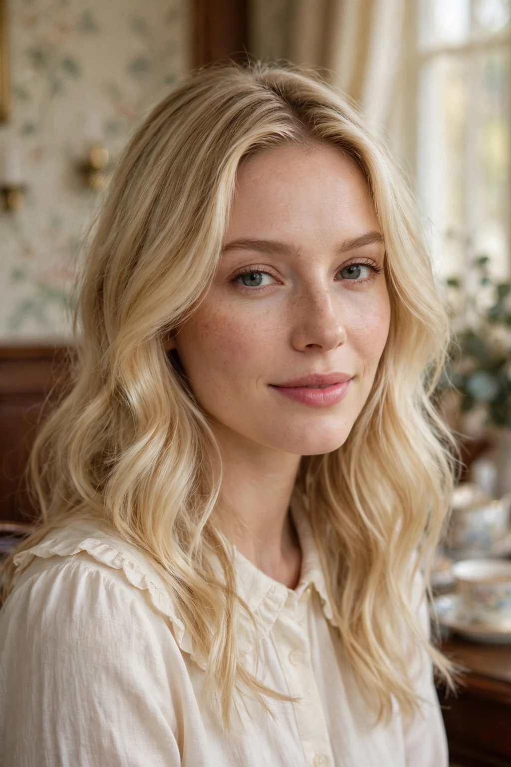 Beautiful woman with buttery blonde melt, creamy buttery blonde, soft light.