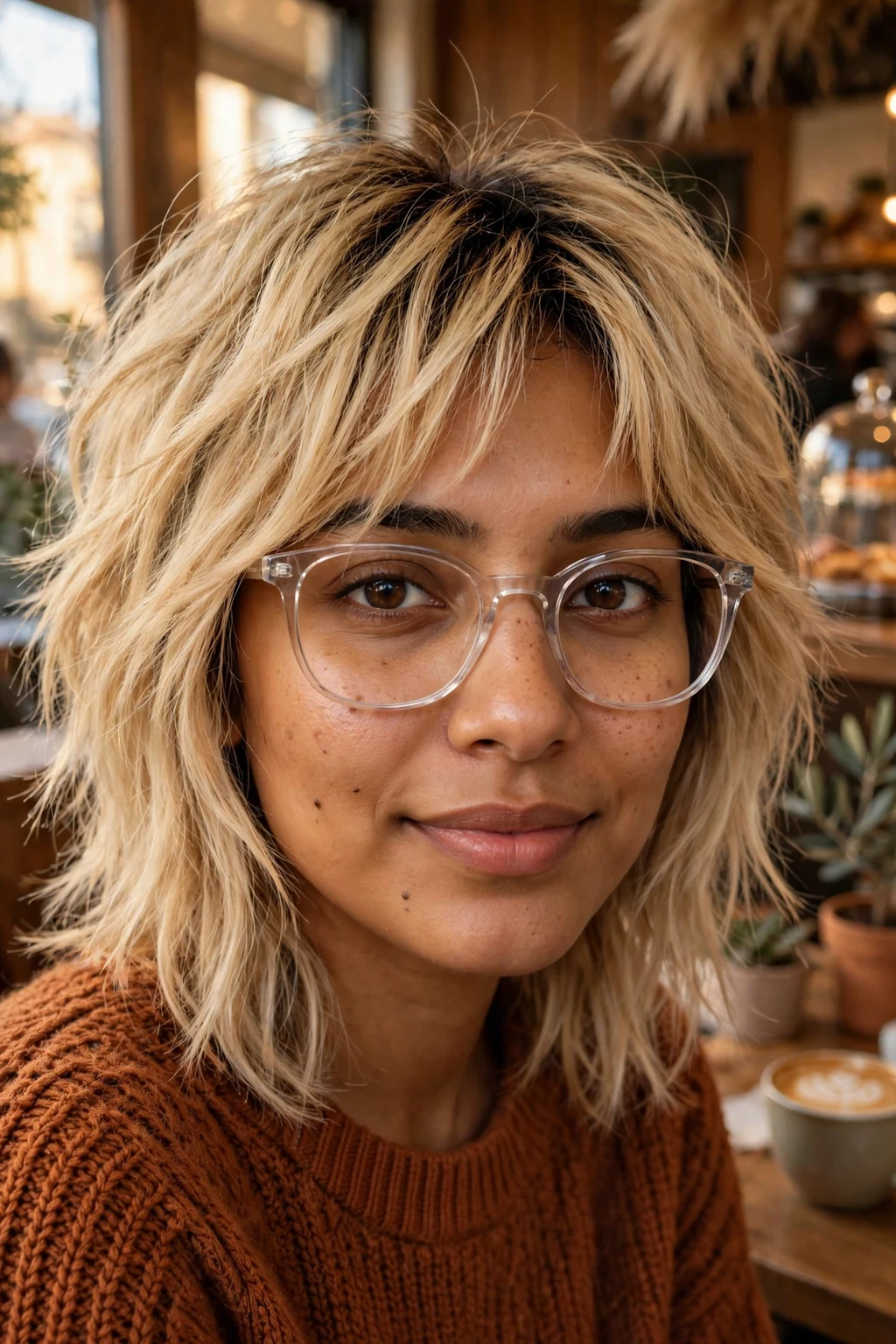 Young woman in her late 20s with a buttery blonde shag wearing clear acetate glasses.