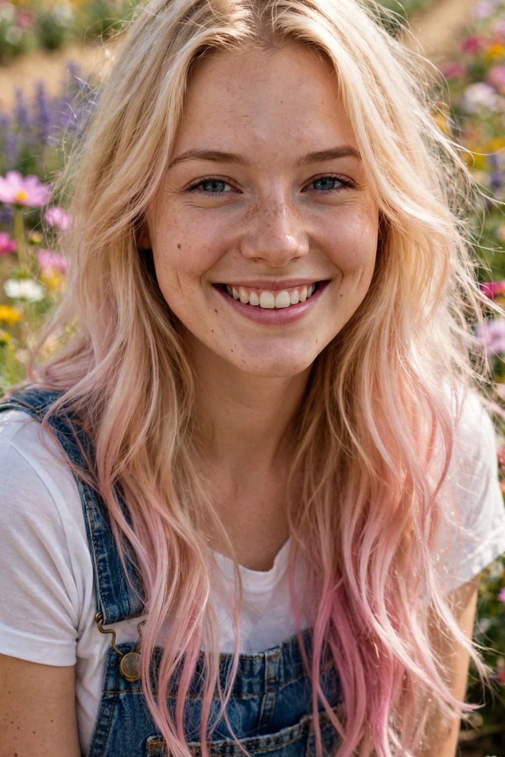 Young Caucasian woman in her mid 20s with long buttery-blonde hair fading into pale pink ends, wearing denim overalls on a flower farm.
