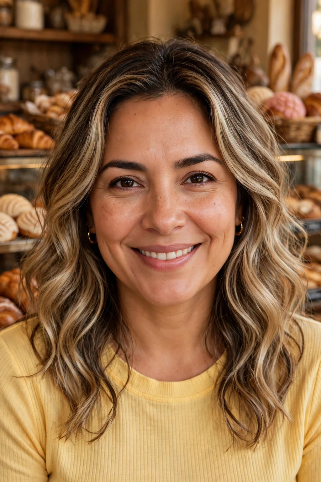 Beautiful woman with buttery bronde, creamy buttery blonde-brown, warm light.