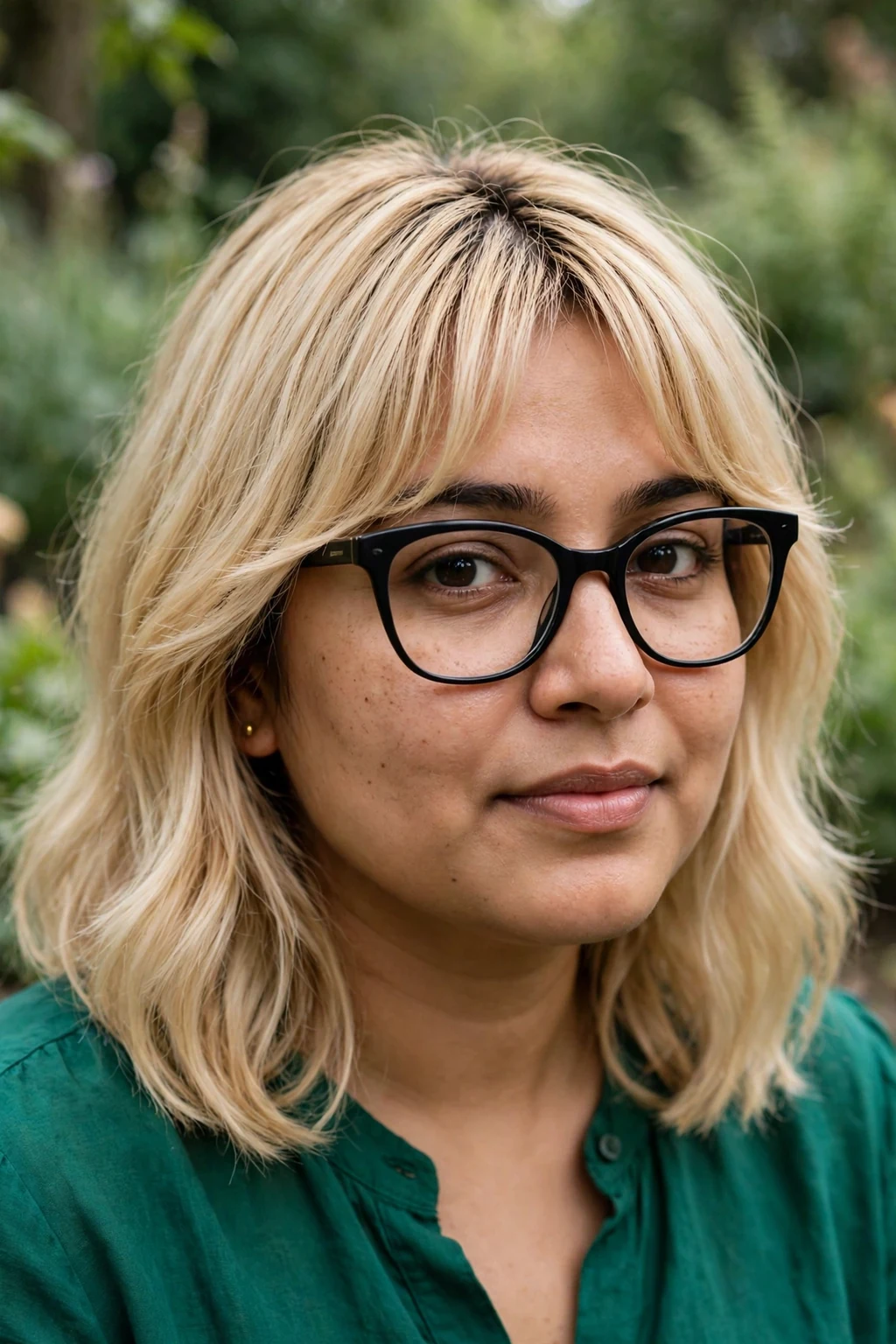 Young woman in her early 30s with a buttery blonde curtain-bang lob wearing acetate cat-eye glasses, flattering for round faces.