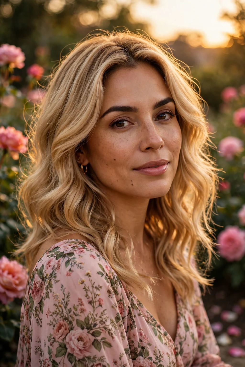 Beautiful woman with buttery golden waves hair color, soft golden wavy blonde, romantic light.