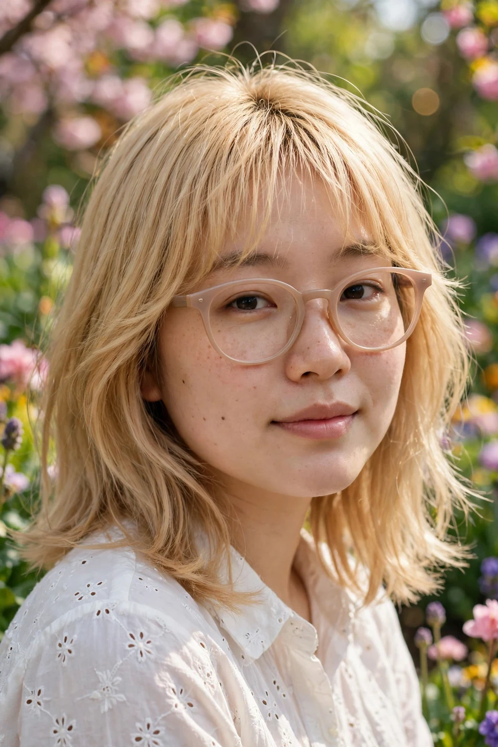 Young woman in her mid 20s with buttery blonde wispy bangs wearing soft oval acetate glasses, perfect for round faces.